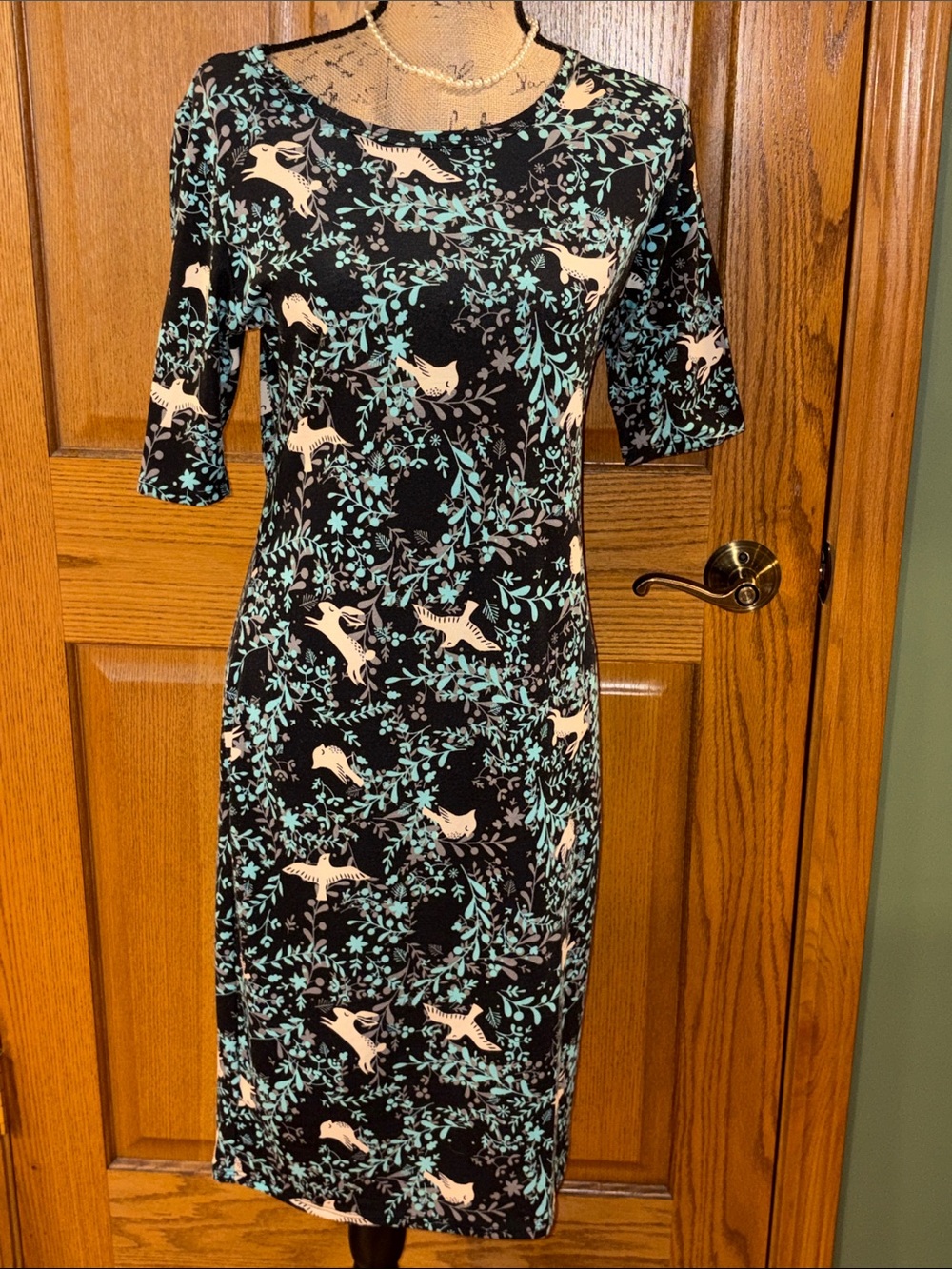 LuLaRoe sz MED rabbit, bird & floral pattern longer dress mid sleeves summer